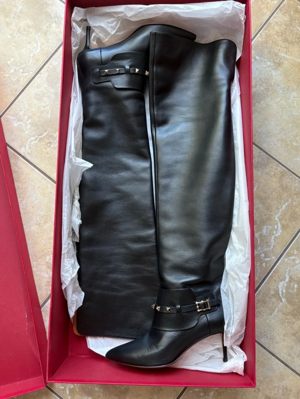 Valentino Garavani Black Leather Over The Knee OTK Rockstud Boots